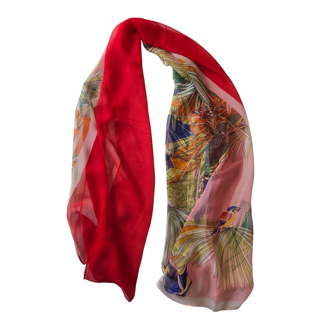 Tropical Bird Palm Print Sheer Red Pink Rectangular Scarf 61x20
